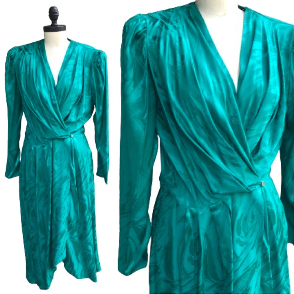 Vintage 80s Marbled Green Silk Drape V-Neck Puff Sleeve Wrap Front Dress 6/Small